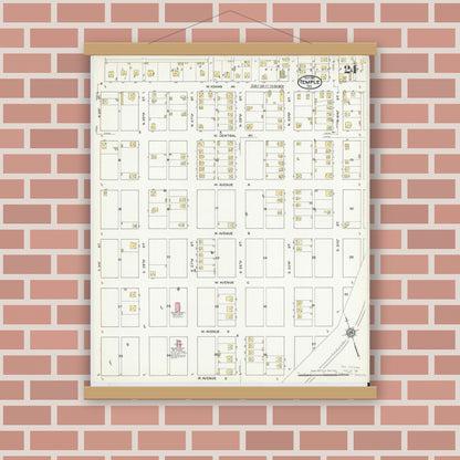 Old map wall art mockup — magnetic wood frame on brick wall — Sanborn Fire Insurance Map from Temple, Bell County, Texas (1915), Sheet #0024