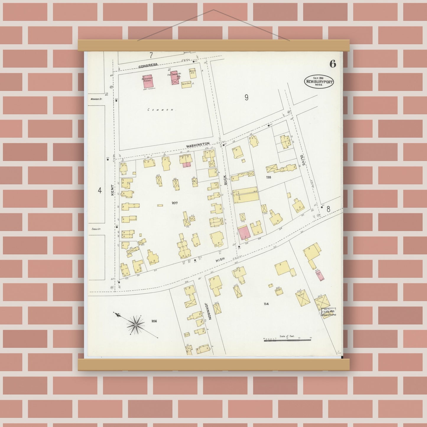 Old map wall art mockup — magnetic wood frame on brick wall — Sanborn Fire Insurance Map from Newburyport, Essex County, Massachusetts (1906), Sheet #0006