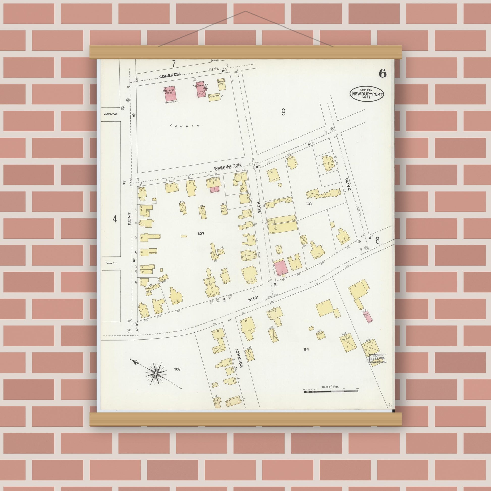 Old map wall art mockup — magnetic wood frame on brick wall — Sanborn Fire Insurance Map from Newburyport, Essex County, Massachusetts (1906), Sheet #0006