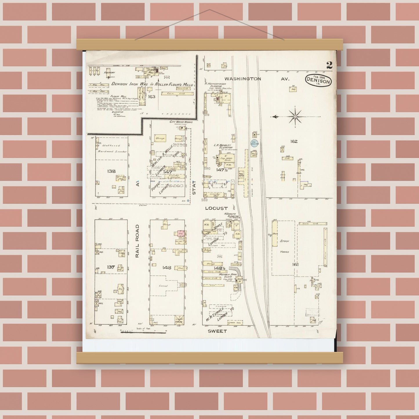 Old map wall art mockup — magnetic wood frame on brick wall — Sanborn Fire Insurance Map from Denison, Crawford County, Iowa (1886), Sheet #0002