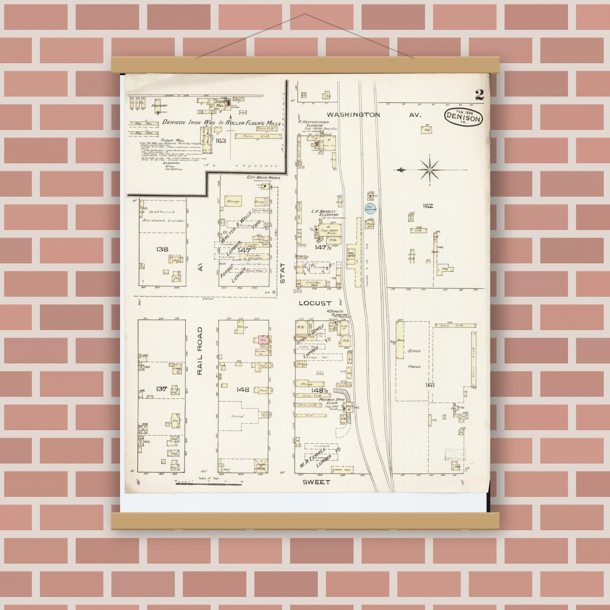 Old map wall art mockup — magnetic wood frame on brick wall — Sanborn Fire Insurance Map from Denison, Crawford County, Iowa (1886), Sheet #0002