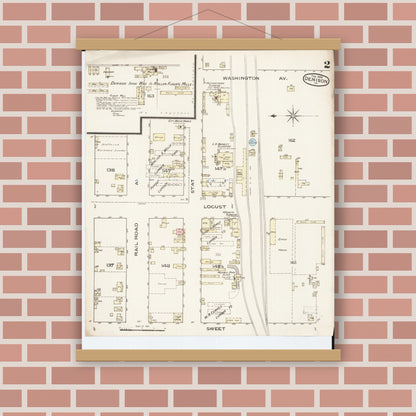 Old map wall art mockup — magnetic wood frame on brick wall — Sanborn Fire Insurance Map from Denison, Crawford County, Iowa (1886), Sheet #0002
