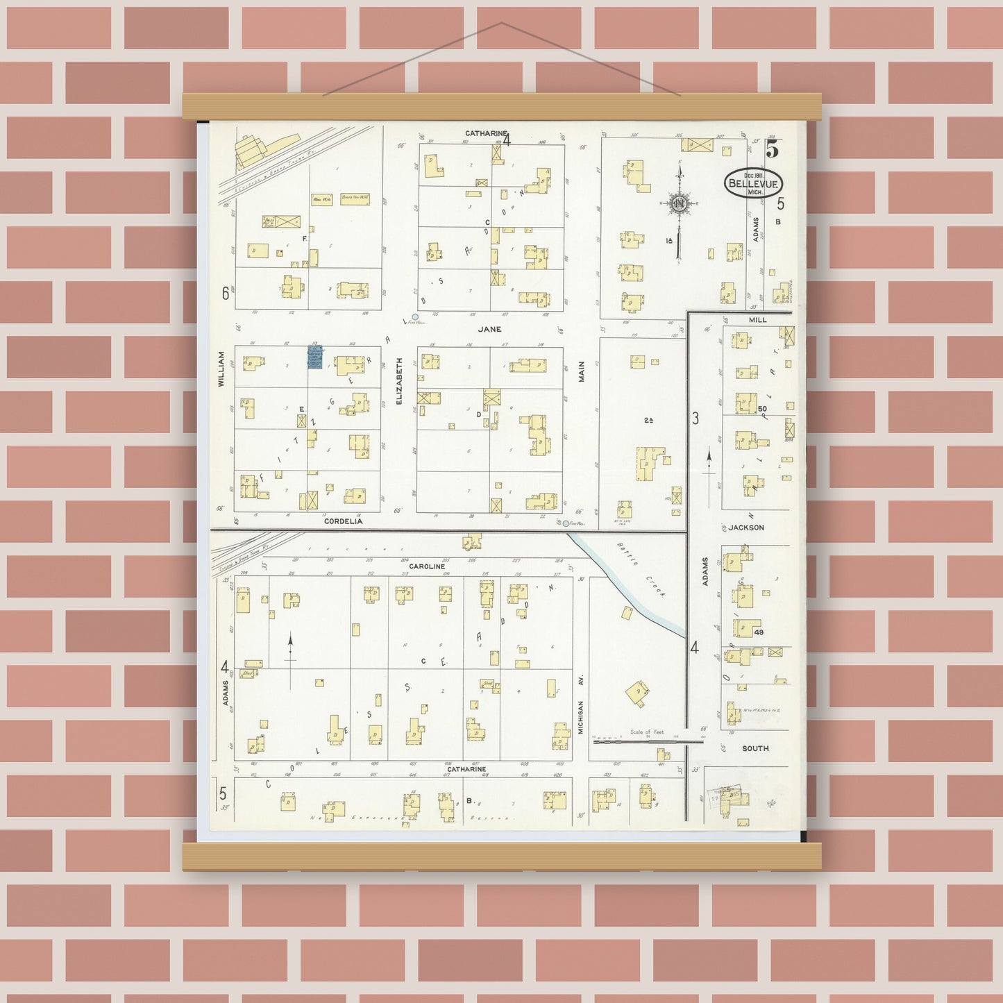 Old map wall art mockup — magnetic wood frame on brick wall — Sanborn Fire Insurance Map from Bellevue, Eaton County, Michigan (1911), Sheet #0005