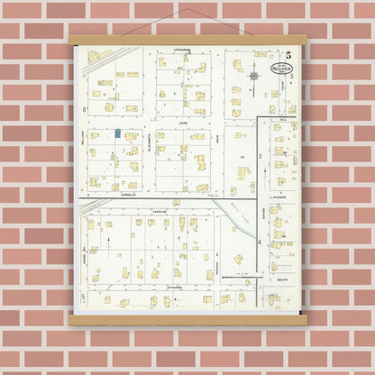 Old map wall art mockup — magnetic wood frame on brick wall — Sanborn Fire Insurance Map from Bellevue, Eaton County, Michigan (1911), Sheet #0005