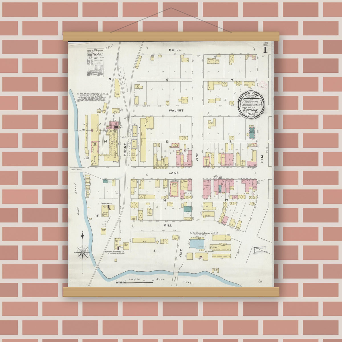 Old map wall art mockup — magnetic wood frame on brick wall — Sanborn Fire Insurance Map from Horicon, Dodge County, Wisconsin (1894), Sheet #0001