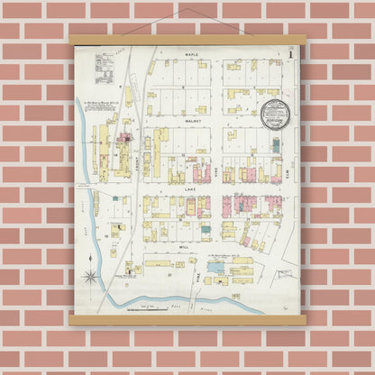 Old map wall art mockup — magnetic wood frame on brick wall — Sanborn Fire Insurance Map from Horicon, Dodge County, Wisconsin (1894), Sheet #0001