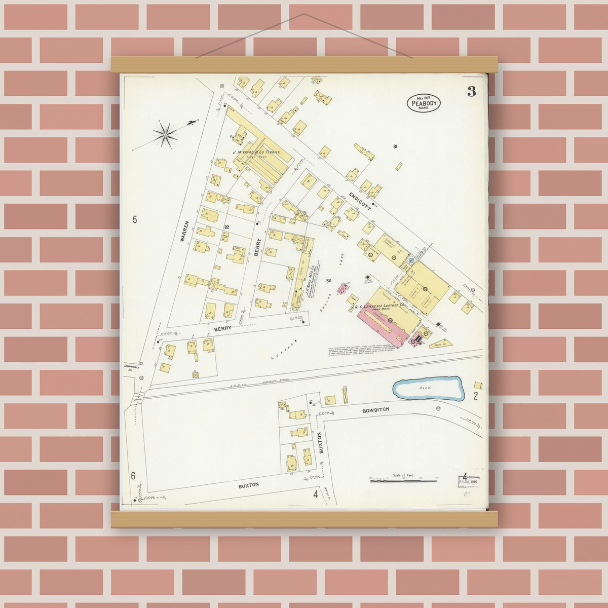 Old map wall art mockup — magnetic wood frame on brick wall — Sanborn Fire Insurance Map from Peabody, Essex County, Massachusetts (1907), Sheet #0003