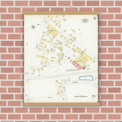 Old map wall art mockup — magnetic wood frame on brick wall — Sanborn Fire Insurance Map from Peabody, Essex County, Massachusetts (1907), Sheet #0003