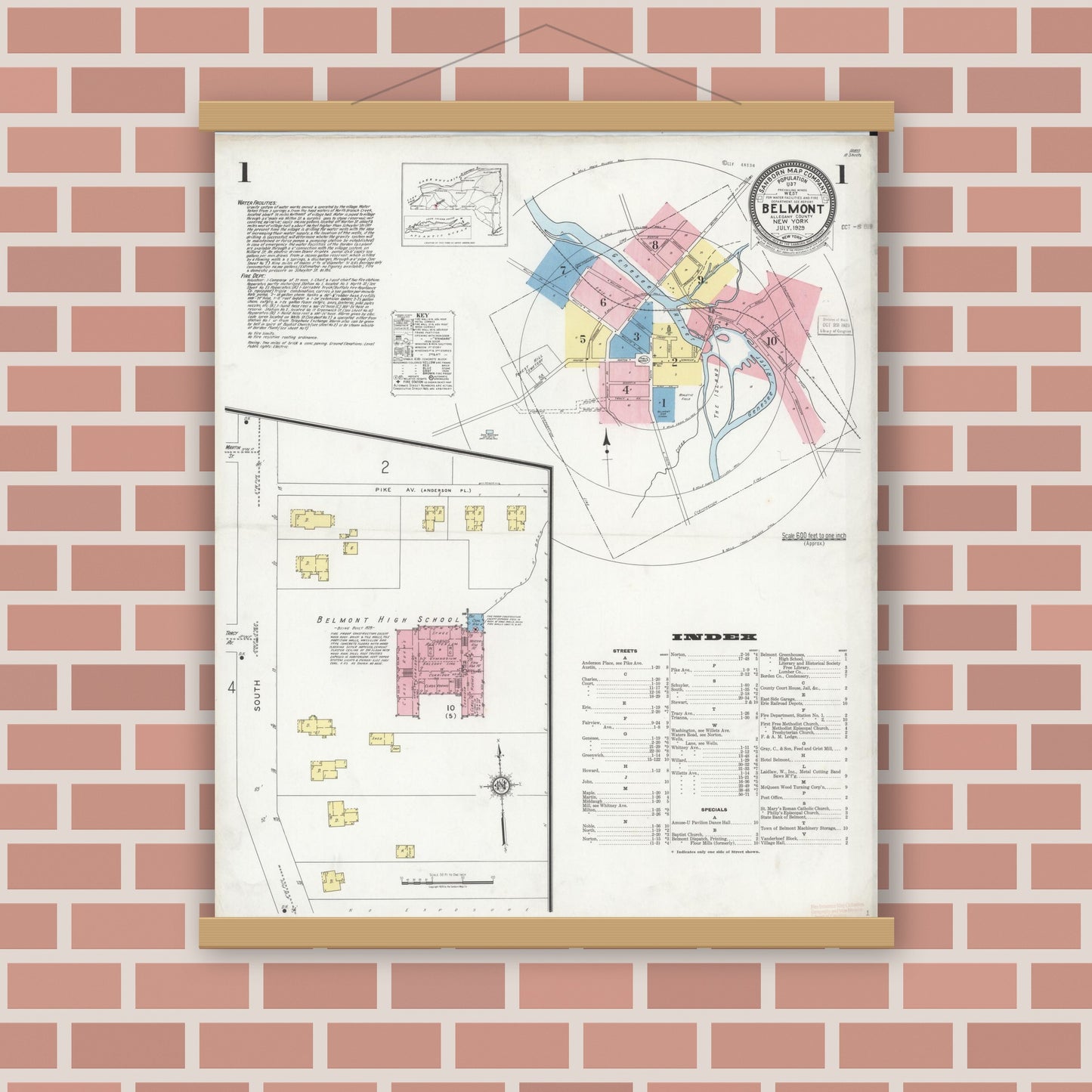 Old map wall art mockup — magnetic wood frame on brick wall — Sanborn Fire Insurance Map from Bellport, Suffolk County, New York (1910) - Complete Map Set