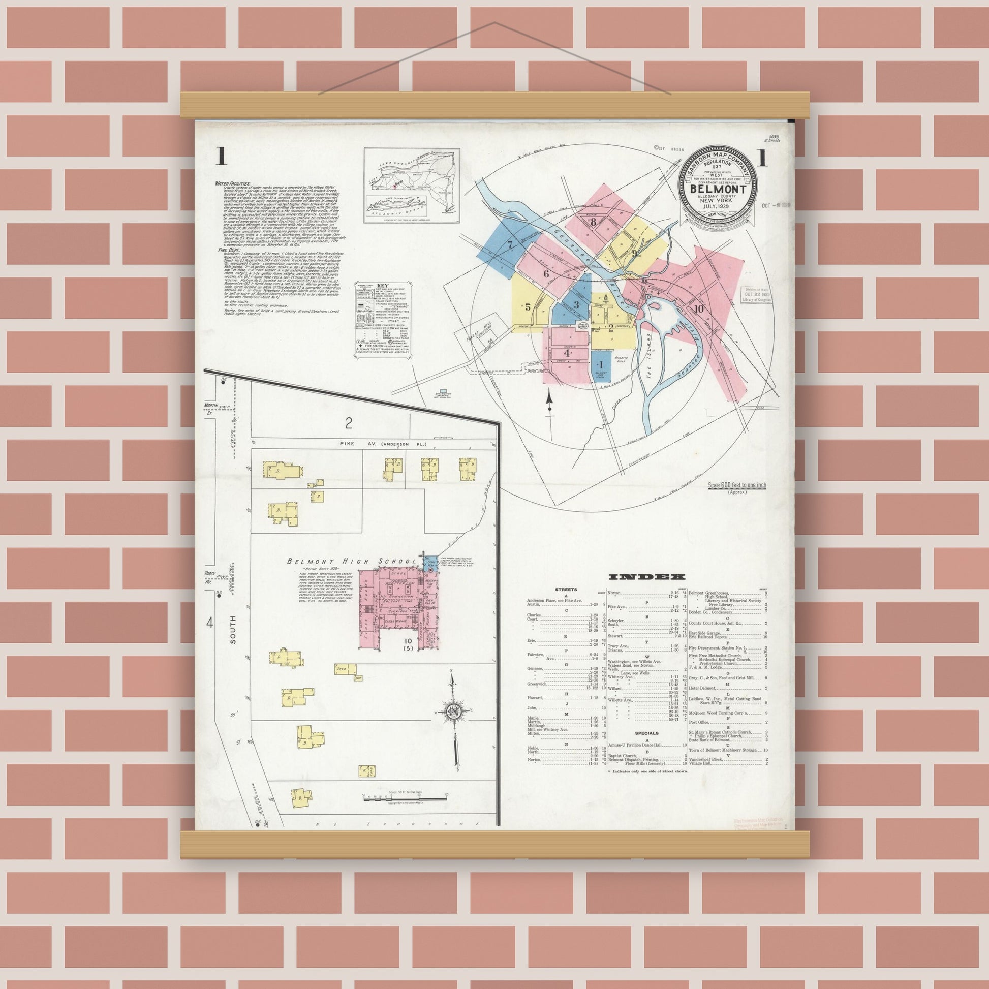 Old map wall art mockup — magnetic wood frame on brick wall — Sanborn Fire Insurance Map from Bellport, Suffolk County, New York (1910) - Complete Map Set