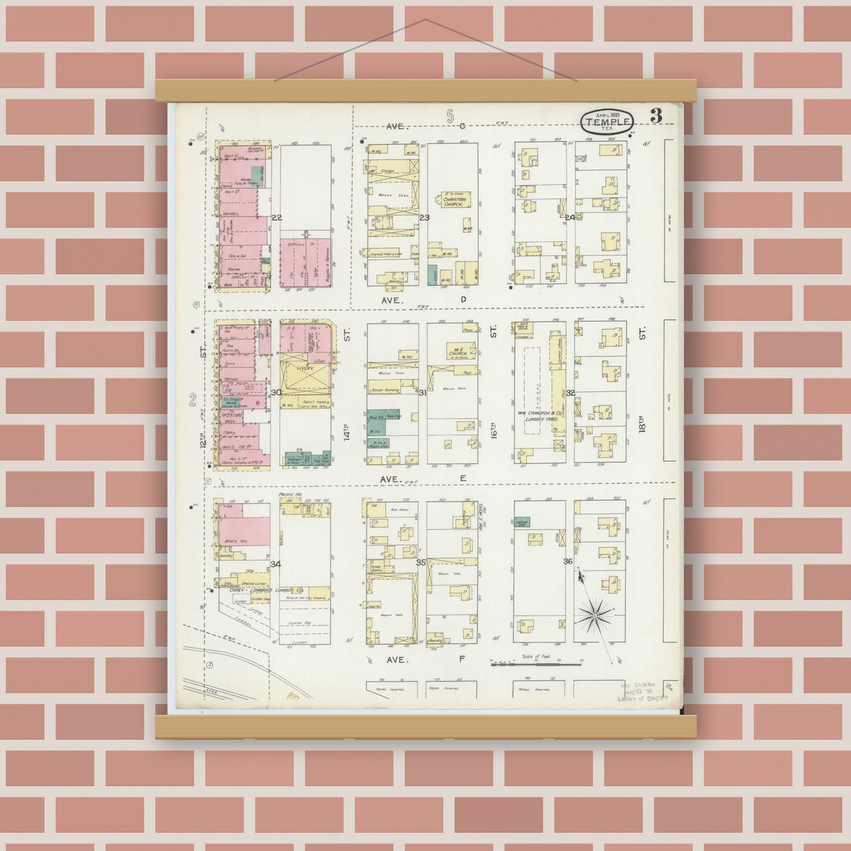 Old map wall art mockup — magnetic wood frame on brick wall — Sanborn Fire Insurance Map from Temple, Bell County, Texas (1893), Sheet #0003