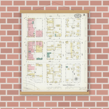 Old map wall art mockup — magnetic wood frame on brick wall — Sanborn Fire Insurance Map from Temple, Bell County, Texas (1893), Sheet #0003