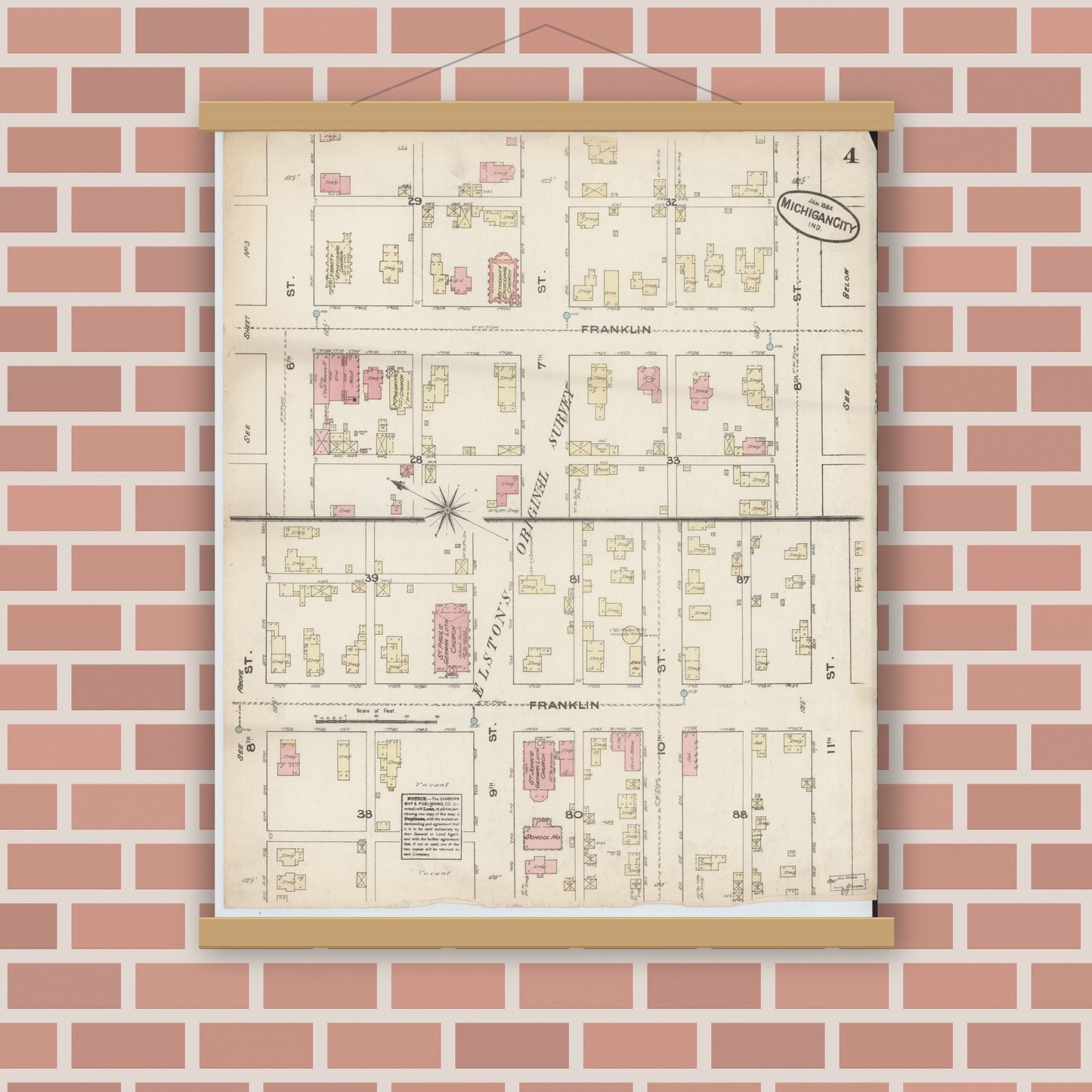 Old map wall art mockup — magnetic wood frame on brick wall — Sanborn Fire Insurance Map from Michigan City, La Porte  County, Indiana (1884), Sheet #0004
