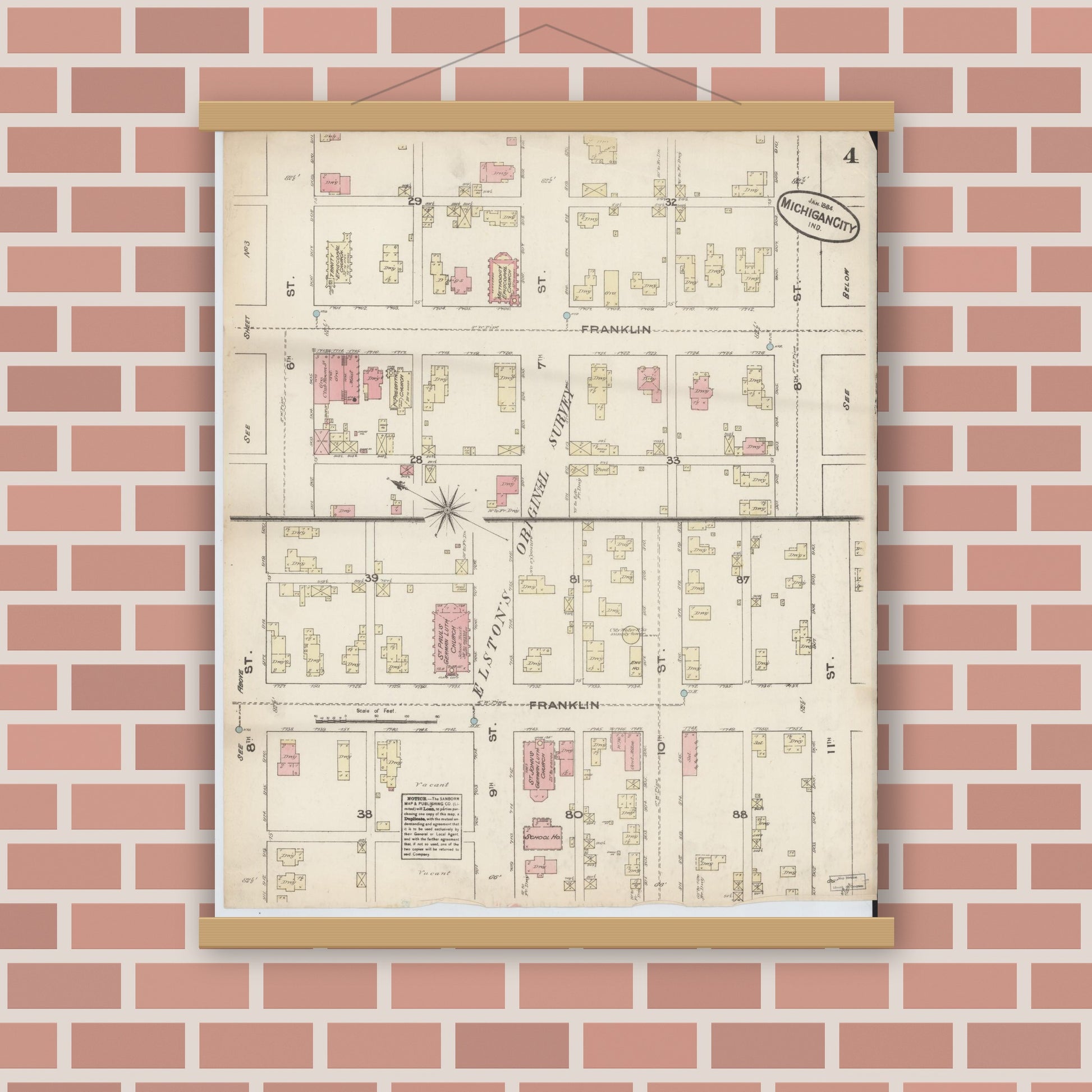Old map wall art mockup — magnetic wood frame on brick wall — Sanborn Fire Insurance Map from Michigan City, La Porte  County, Indiana (1884), Sheet #0004
