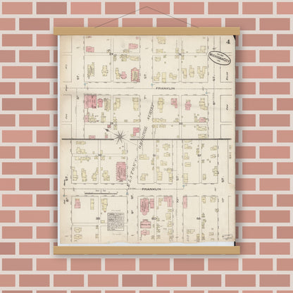 Old map wall art mockup — magnetic wood frame on brick wall — Sanborn Fire Insurance Map from Michigan City, La Porte  County, Indiana (1884), Sheet #0004