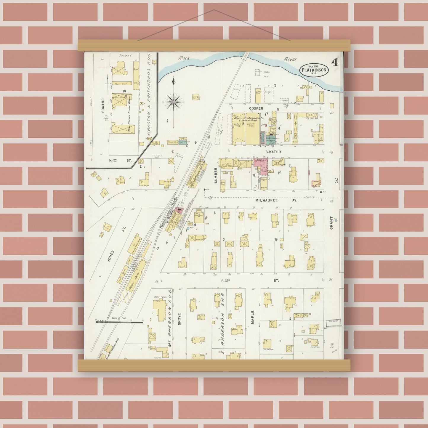 Old map wall art mockup — magnetic wood frame on brick wall — Sanborn Fire Insurance Map from Fort Atkinson, Jefferson County, Wisconsin (1898), Sheet #0004