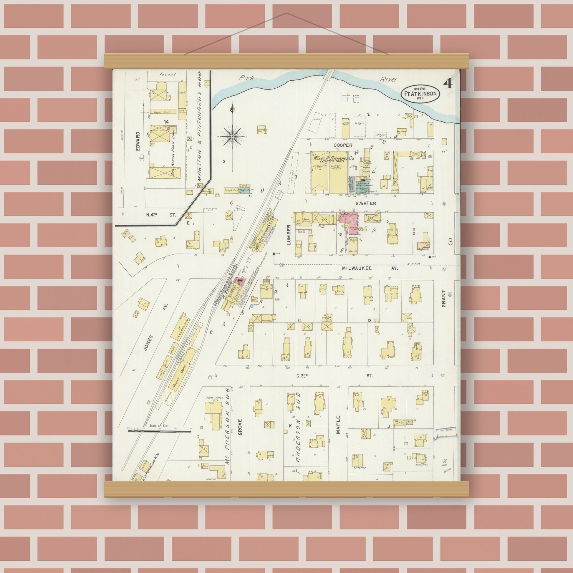 Old map wall art mockup — magnetic wood frame on brick wall — Sanborn Fire Insurance Map from Fort Atkinson, Jefferson County, Wisconsin (1898), Sheet #0004
