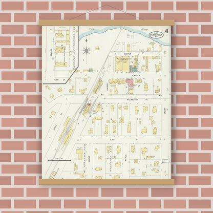 Old map wall art mockup — magnetic wood frame on brick wall — Sanborn Fire Insurance Map from Fort Atkinson, Jefferson County, Wisconsin (1898), Sheet #0004