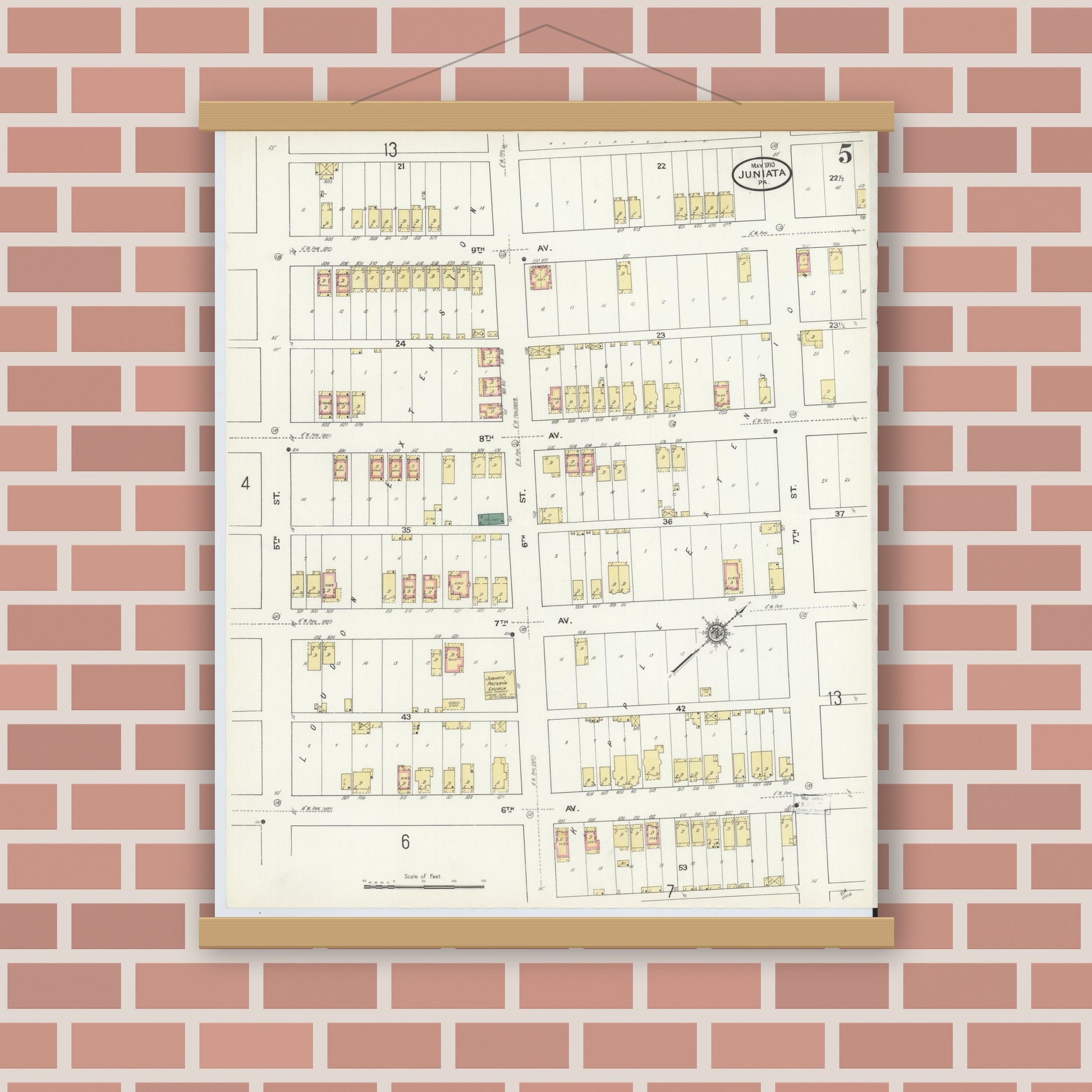 Old map wall art mockup — magnetic wood frame on brick wall — Sanborn Fire Insurance Map from Juniata, Blair County, Pennsylvania (1910), Sheet #0005