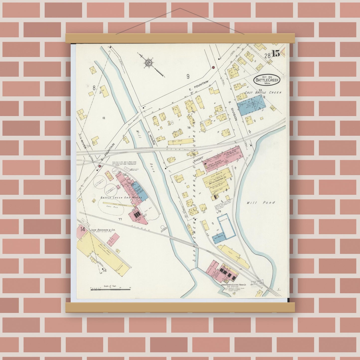 Old map wall art mockup — magnetic wood frame on brick wall — Sanborn Fire Insurance Map from Battle Creek, Calhoun County, Michigan (1913), Sheet #0015