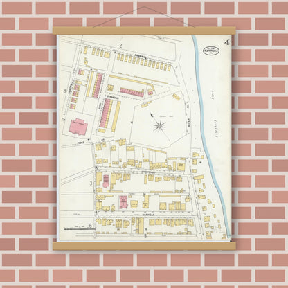 Old map wall art mockup — magnetic wood frame on brick wall — Sanborn Fire Insurance Map from Natrona, Allegheny County, Pennsylvania (1906), Sheet #0004