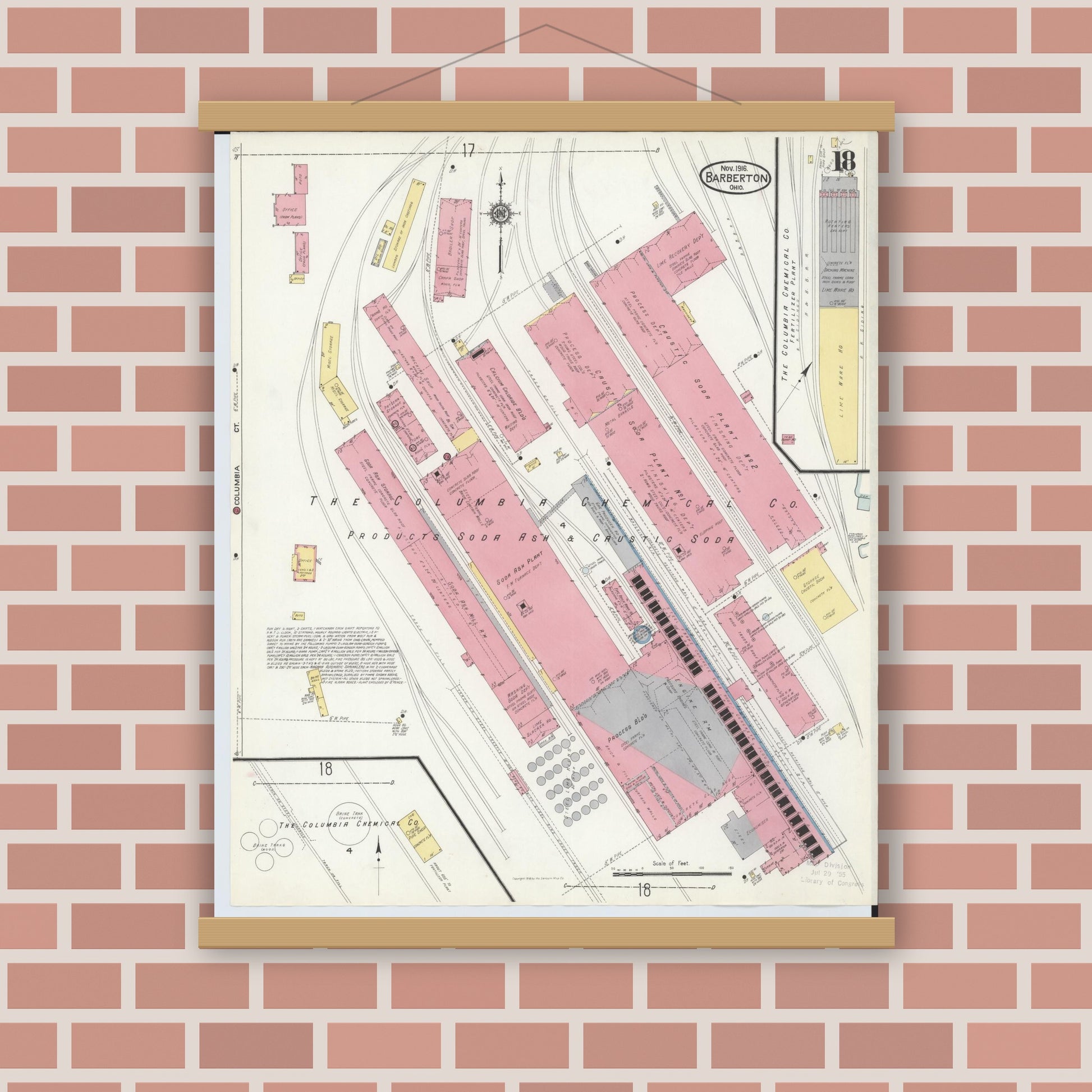 Old map wall art mockup — magnetic wood frame on brick wall — Sanborn Fire Insurance Map from Barberton, Summit County, Ohio (1916), Sheet #0018