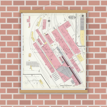 Old map wall art mockup — magnetic wood frame on brick wall — Sanborn Fire Insurance Map from Barberton, Summit County, Ohio (1916), Sheet #0018