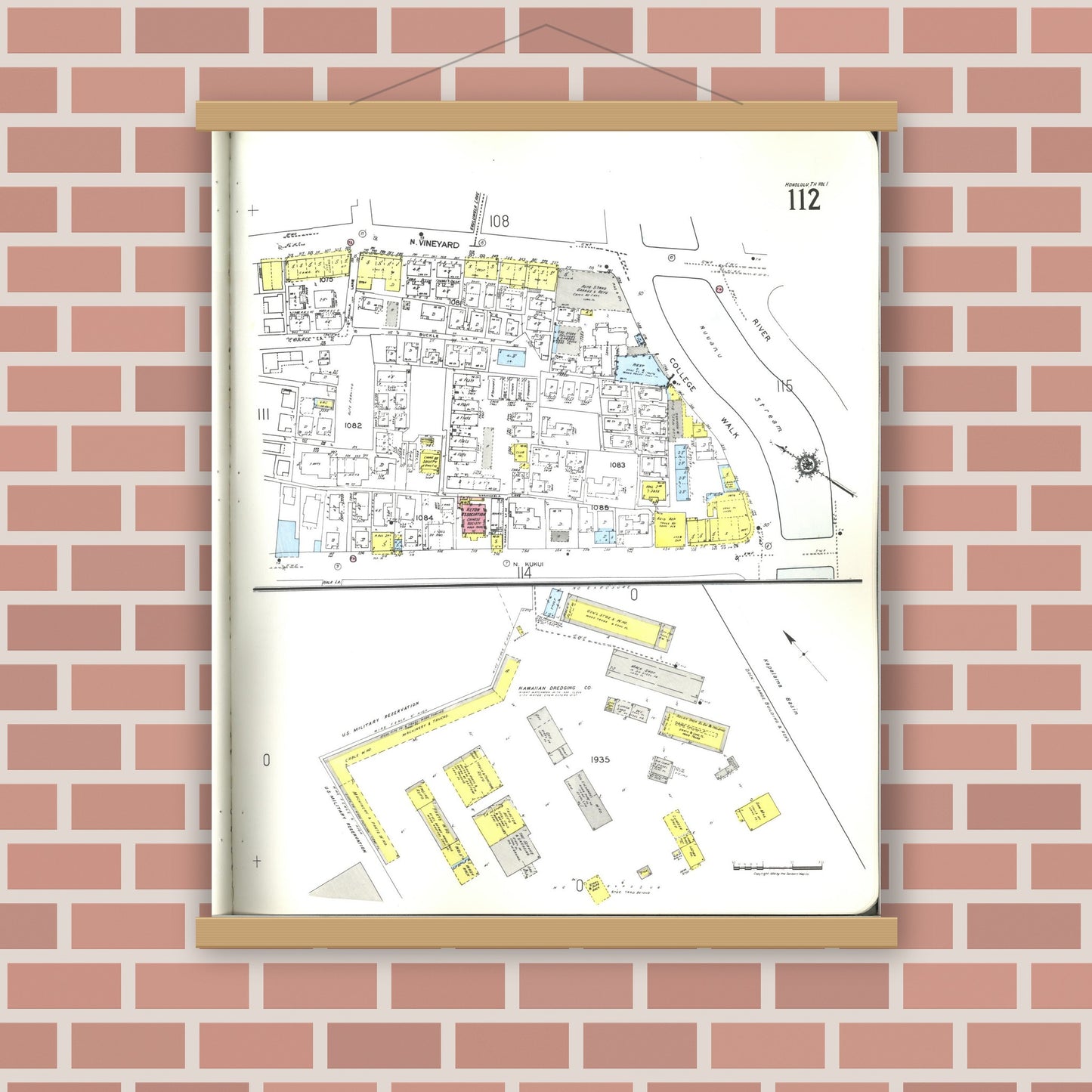 Old map wall art mockup — magnetic wood frame on brick wall — Sanborn Fire Insurance Map from Honolulu, Oahu County, Hawaii (1955), Sheet #0112