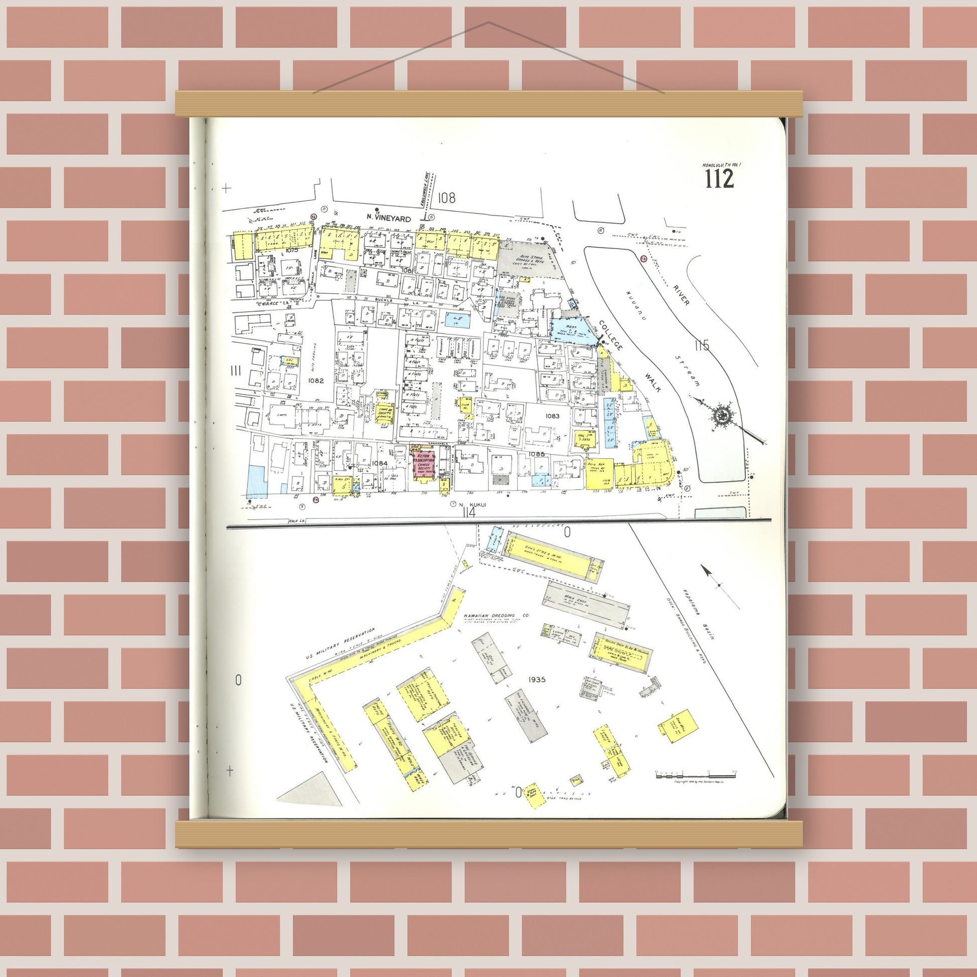 Old map wall art mockup — magnetic wood frame on brick wall — Sanborn Fire Insurance Map from Honolulu, Oahu County, Hawaii (1955), Sheet #0112
