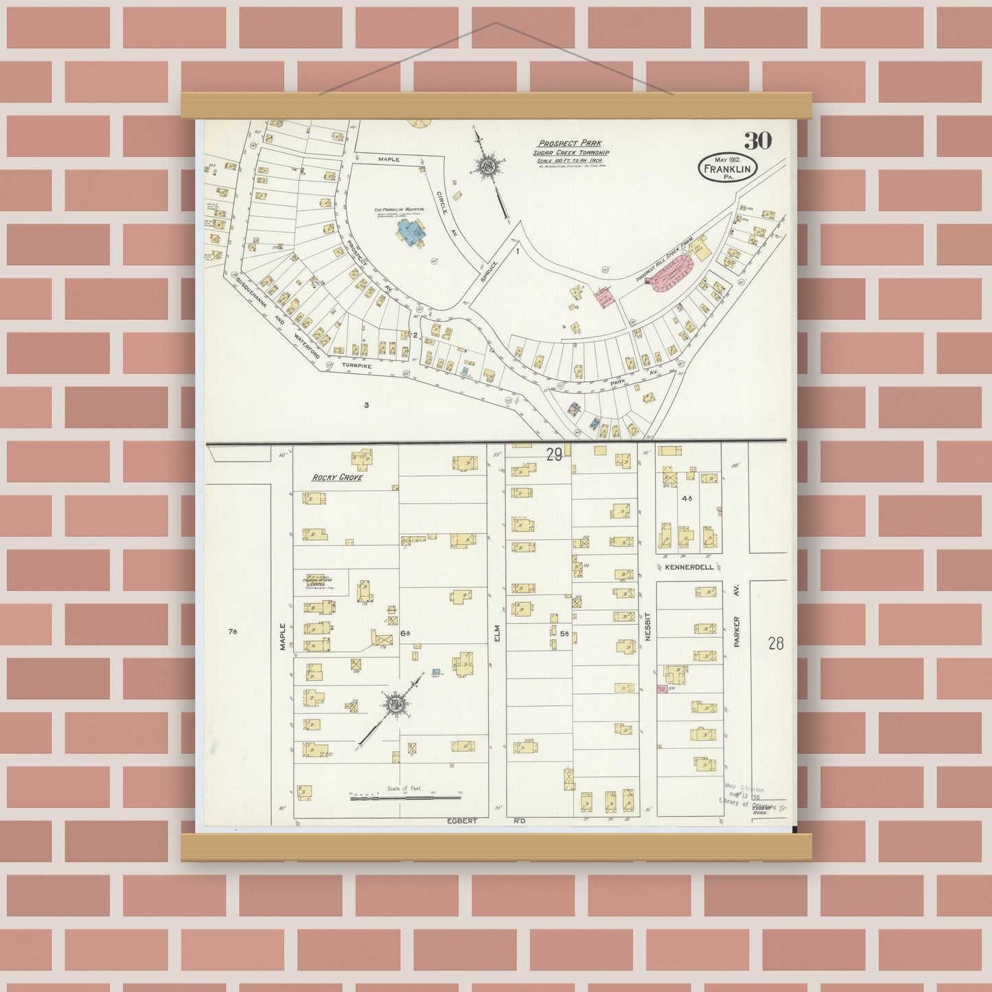 Old map wall art mockup — magnetic wood frame on brick wall — Sanborn Fire Insurance Map from Franklin, Venango County, Pennsylvania (1912), Sheet #0030