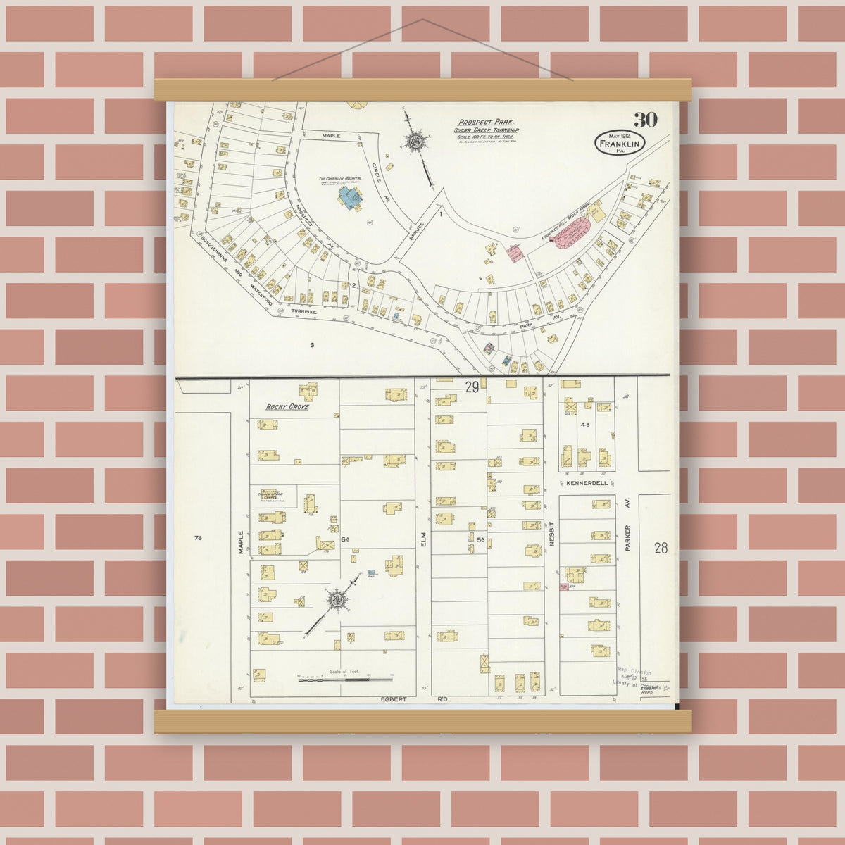 Old map wall art mockup — magnetic wood frame on brick wall — Sanborn Fire Insurance Map from Franklin, Venango County, Pennsylvania (1912), Sheet #0030