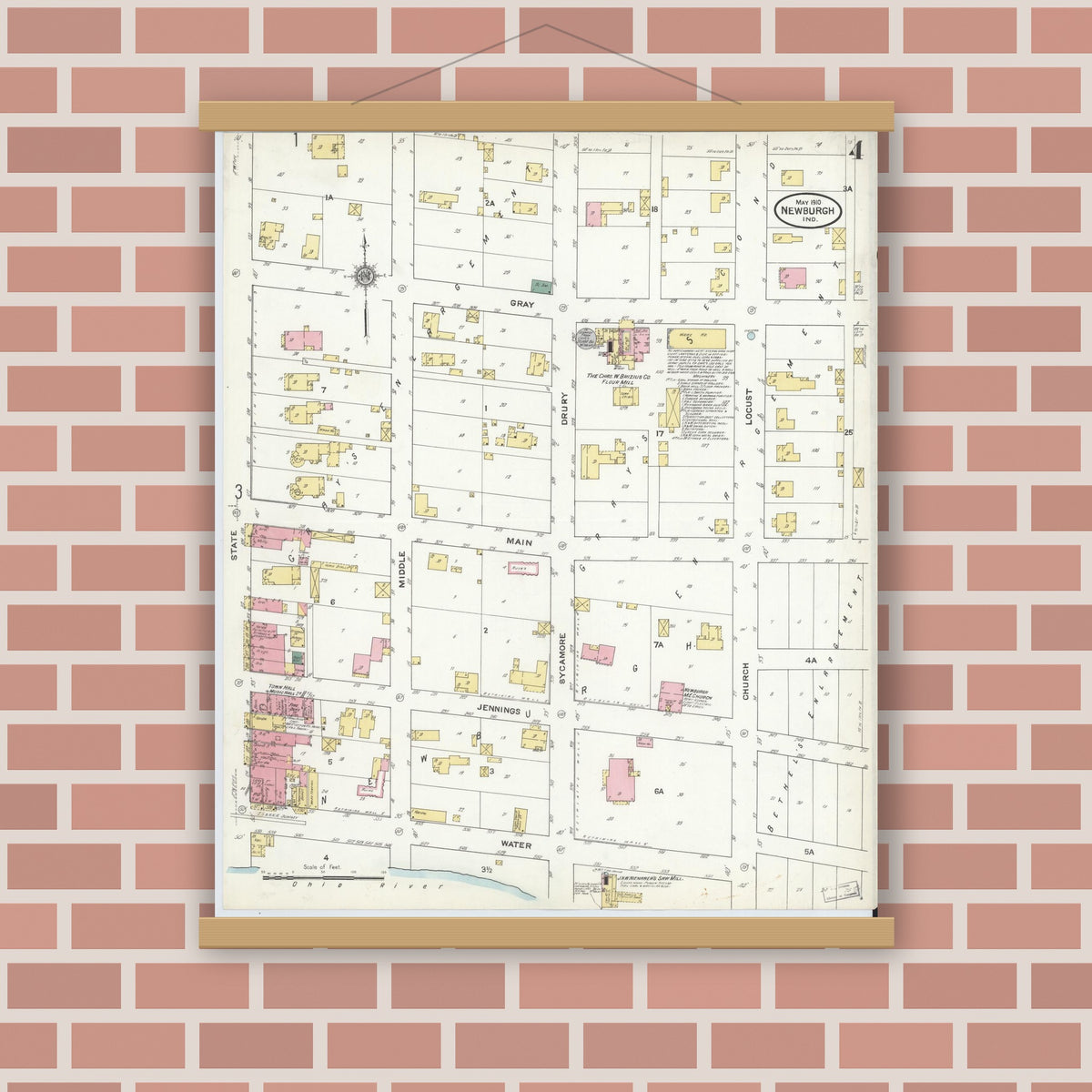 Old map wall art mockup — magnetic wood frame on brick wall — Sanborn Fire Insurance Map from Newburgh, Warrick County, Indiana (1910), Sheet #0004