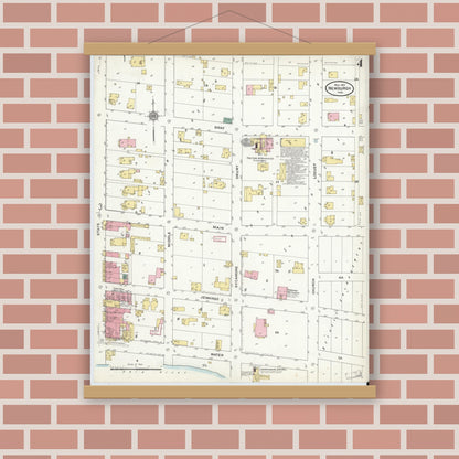 Old map wall art mockup — magnetic wood frame on brick wall — Sanborn Fire Insurance Map from Newburgh, Warrick County, Indiana (1910), Sheet #0004