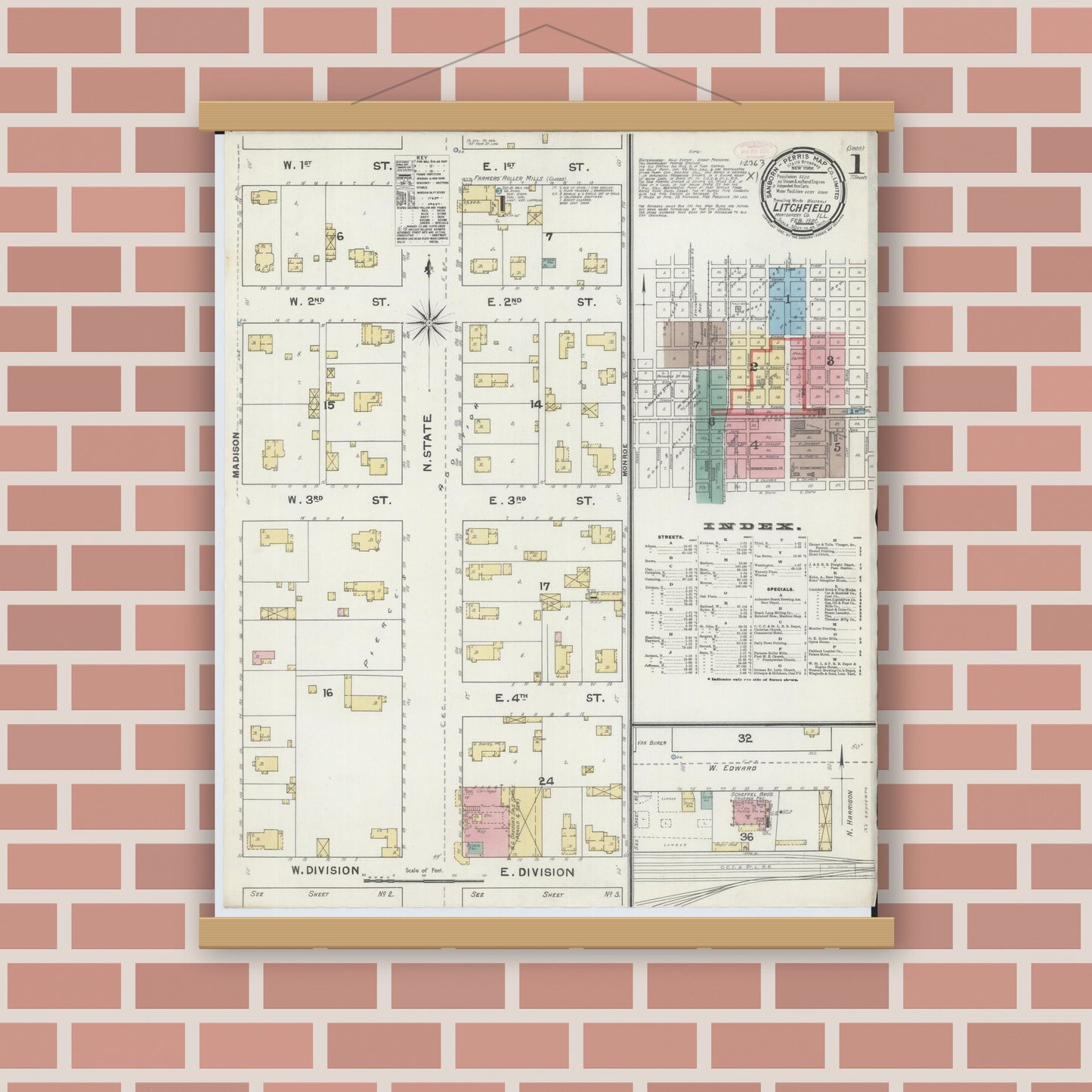 Old map wall art mockup — magnetic wood frame on brick wall — Sanborn Fire Insurance Map from Litchfield, Montgomery County, Illinois (1892), Sheet #0001