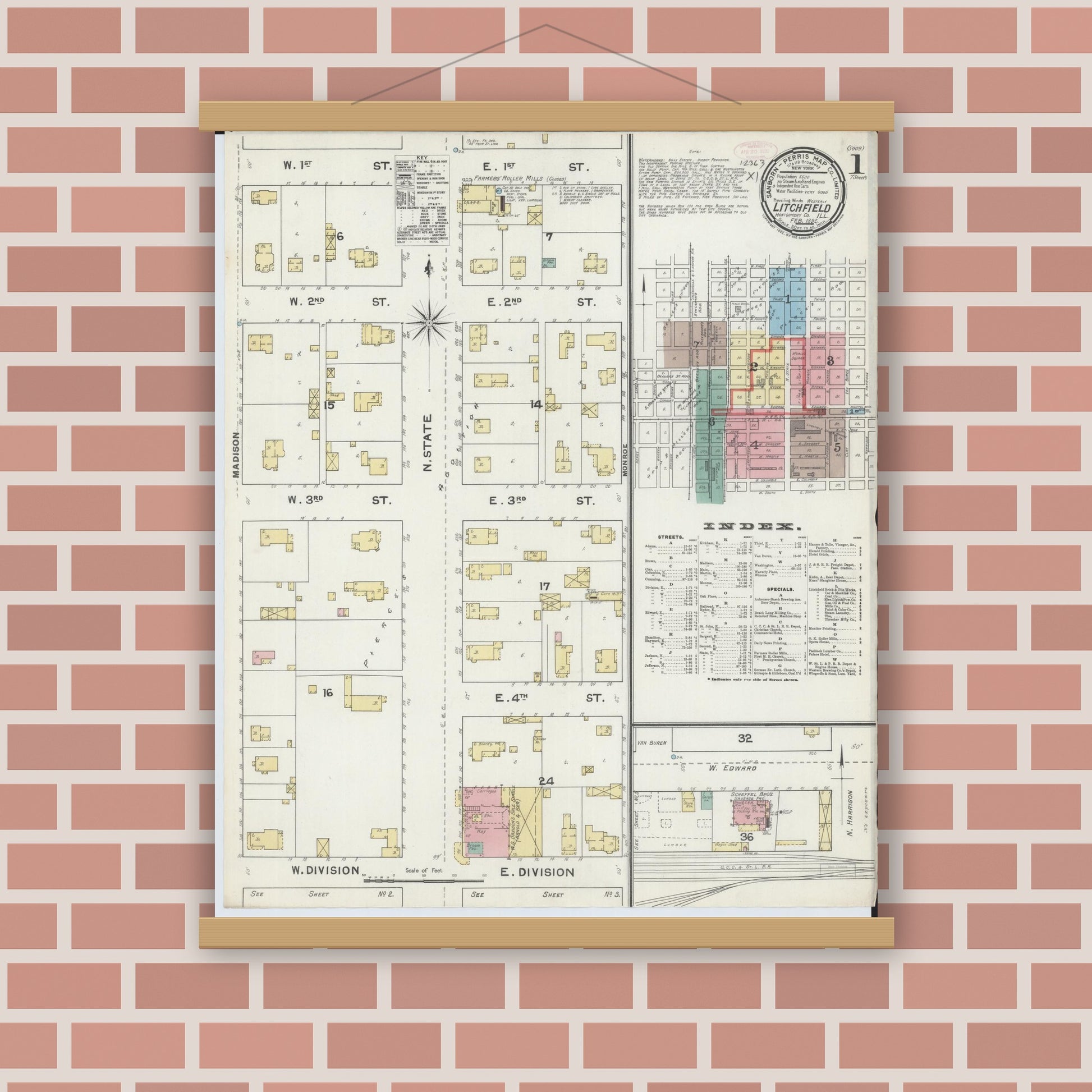 Old map wall art mockup — magnetic wood frame on brick wall — Sanborn Fire Insurance Map from Litchfield, Montgomery County, Illinois (1892), Sheet #0001