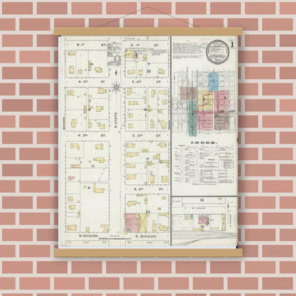 Old map wall art mockup — magnetic wood frame on brick wall — Sanborn Fire Insurance Map from Litchfield, Montgomery County, Illinois (1892), Sheet #0001