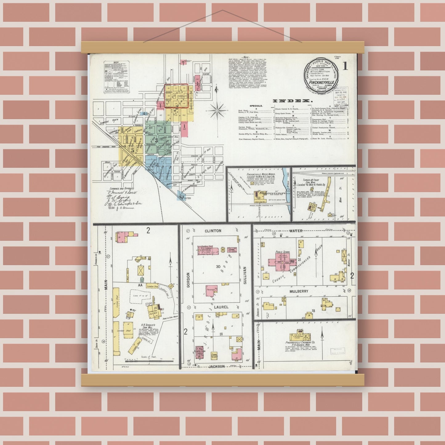 Old map wall art mockup — magnetic wood frame on brick wall — Sanborn Fire Insurance Map from Pinckneyville, Perry County, Illinois (1900) - Complete Map Set