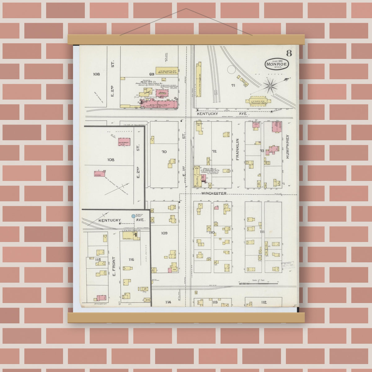 Old map wall art mockup — magnetic wood frame on brick wall — Sanborn Fire Insurance Map from Monroe, Monroe County, Michigan (1893), Sheet #0008