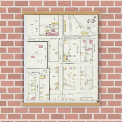 Old map wall art mockup — magnetic wood frame on brick wall — Sanborn Fire Insurance Map from Monroe, Monroe County, Michigan (1893), Sheet #0008
