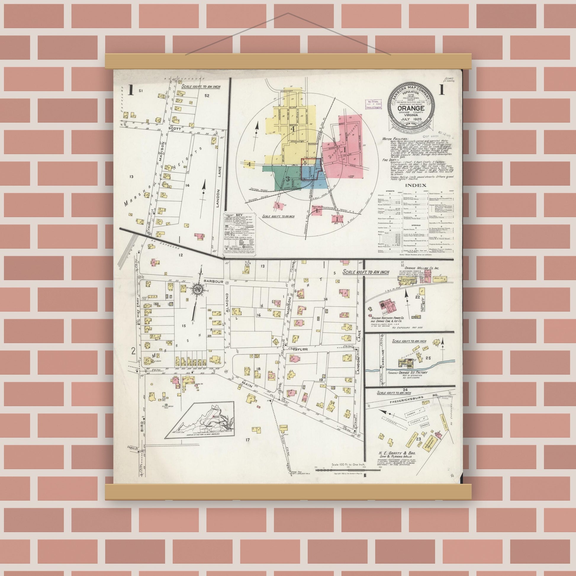 Old map wall art mockup — magnetic wood frame on brick wall — Sanborn Fire Insurance Map from Orange, Orange County, Virginia (1925), Sheet #0001