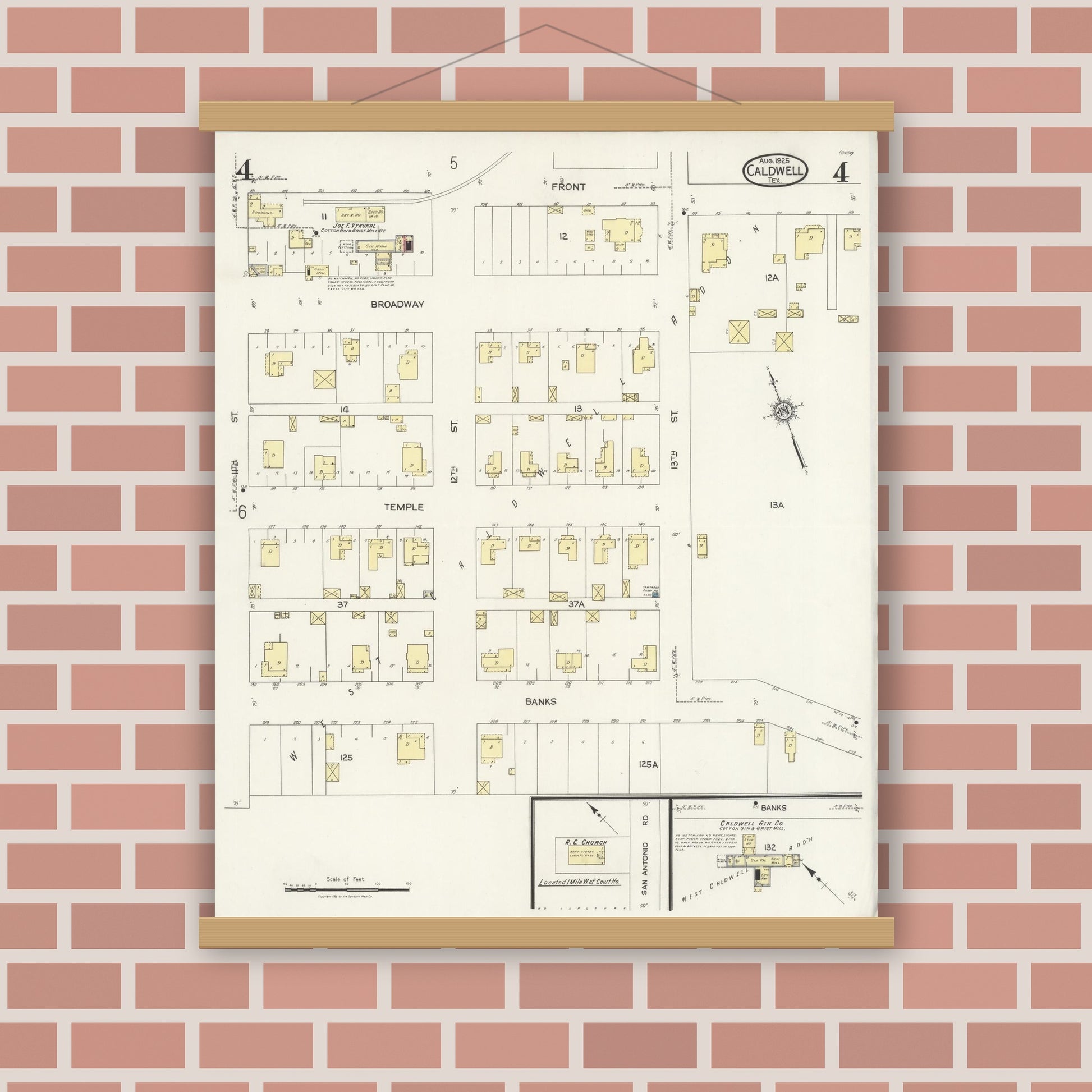Old map wall art mockup — magnetic wood frame on brick wall — Sanborn Fire Insurance Map from Caldwell, Burleson County, Texas (1925), Sheet #0004