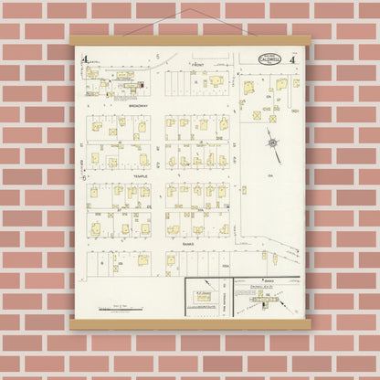 Old map wall art mockup — magnetic wood frame on brick wall — Sanborn Fire Insurance Map from Caldwell, Burleson County, Texas (1925), Sheet #0004