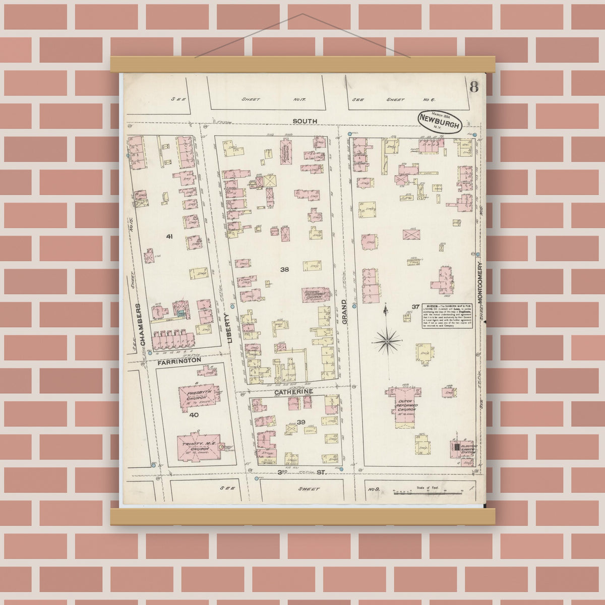 Old map wall art mockup — magnetic wood frame on brick wall — Sanborn Fire Insurance Map from Newburgh, Orange County, New York (1884), Sheet #0008