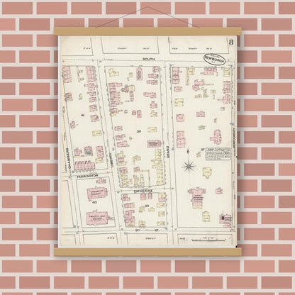 Old map wall art mockup — magnetic wood frame on brick wall — Sanborn Fire Insurance Map from Newburgh, Orange County, New York (1884), Sheet #0008