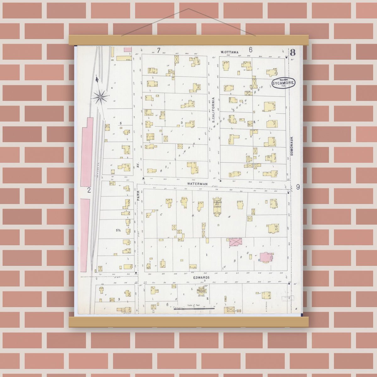 Old map wall art mockup — magnetic wood frame on brick wall — Sanborn Fire Insurance Map from Sycamore, De Kalb County, Illinois (1896), Sheet #0008
