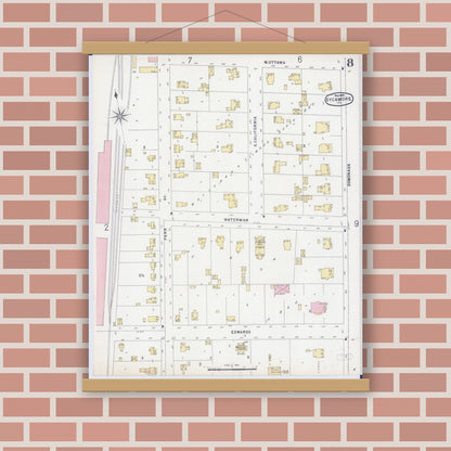 Old map wall art mockup — magnetic wood frame on brick wall — Sanborn Fire Insurance Map from Sycamore, De Kalb County, Illinois (1896), Sheet #0008