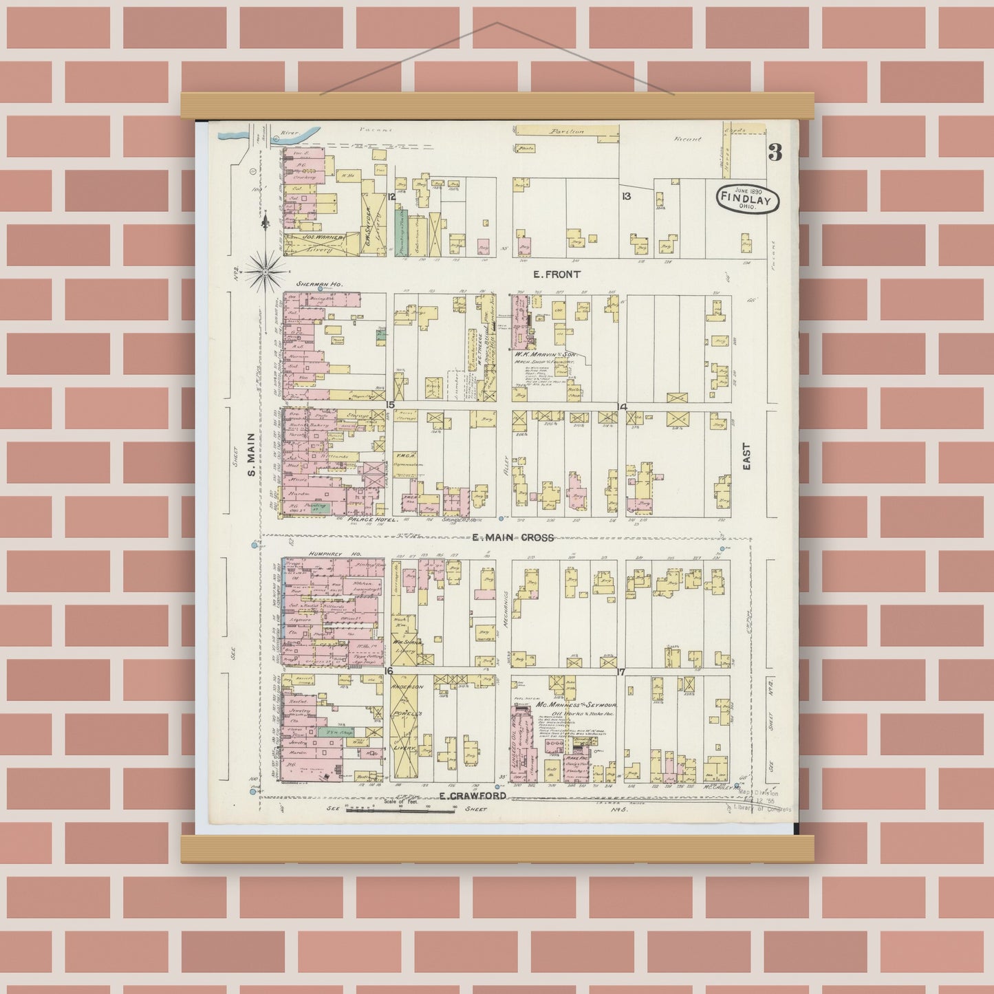 Old map wall art mockup — magnetic wood frame on brick wall — Sanborn Fire Insurance Map from Findlay, Hancock County, Ohio (1890), Sheet #0003