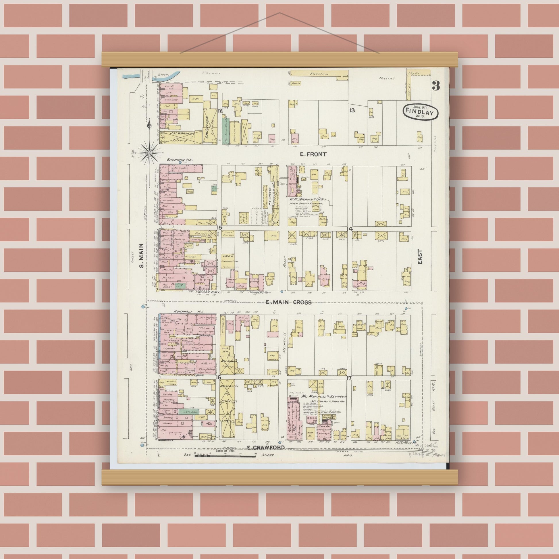 Old map wall art mockup — magnetic wood frame on brick wall — Sanborn Fire Insurance Map from Findlay, Hancock County, Ohio (1890), Sheet #0003
