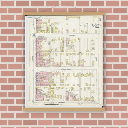 Old map wall art mockup — magnetic wood frame on brick wall — Sanborn Fire Insurance Map from Findlay, Hancock County, Ohio (1890), Sheet #0003