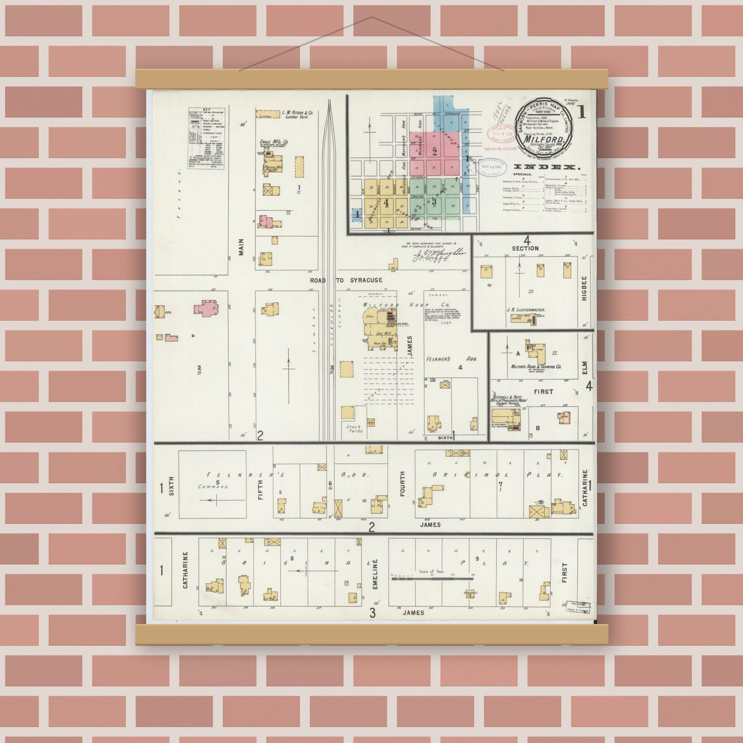 Old map wall art mockup — magnetic wood frame on brick wall — Sanborn Fire Insurance Map from Milford, Kosciusko County, Indiana (1897) - Complete Map Set